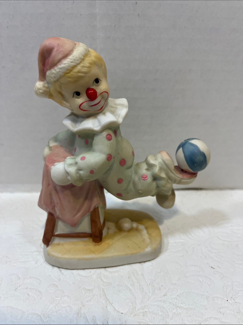 Vintage Ceramic Playful Clown Figurine Balancing Ball on Foot 5”H